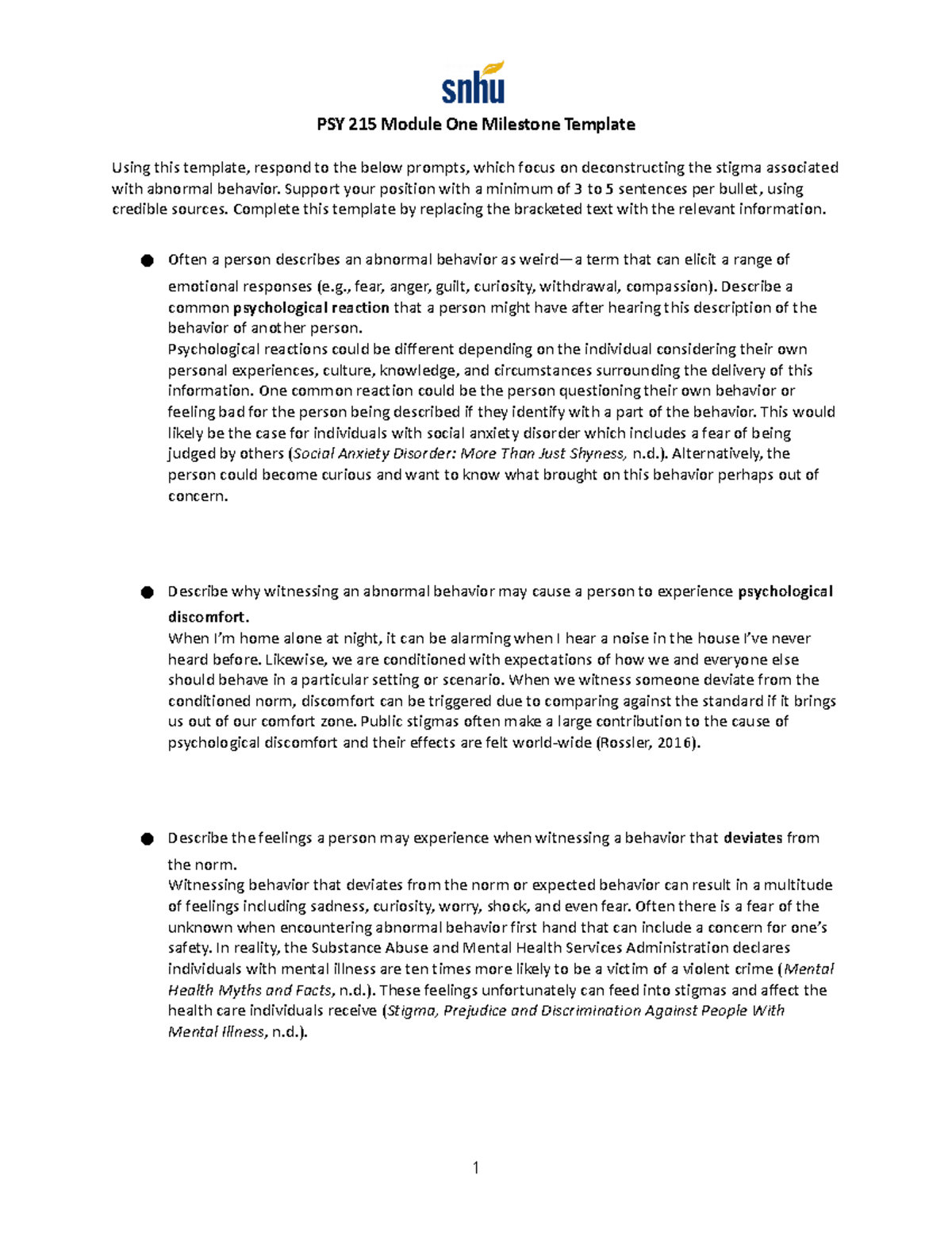 PSY 215 Module One abnormal behavior - PSY 215 Module One Milestone ...