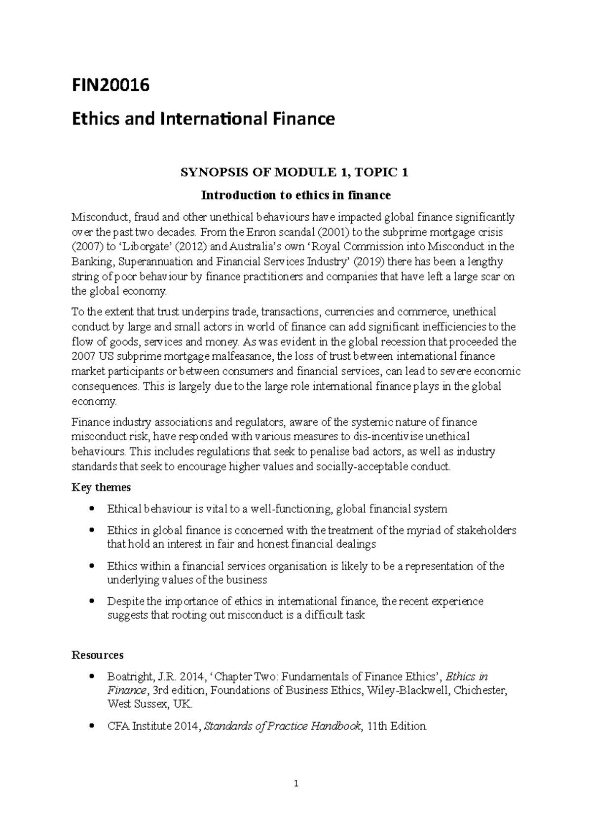 Fin2001 3 Topic 1 Synopsis V1 Fin Ethics And International Finance Synopsis Of Module 1 Topic 8198