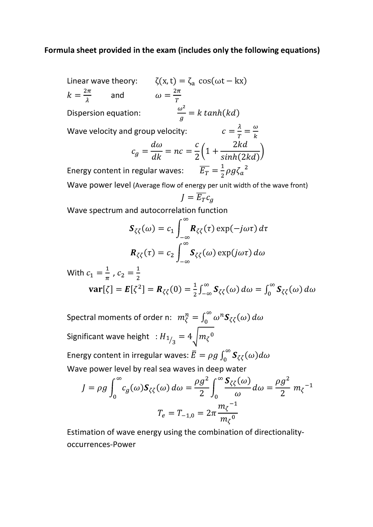 Oe Exam Formula Sheet Tu Delft Studocu