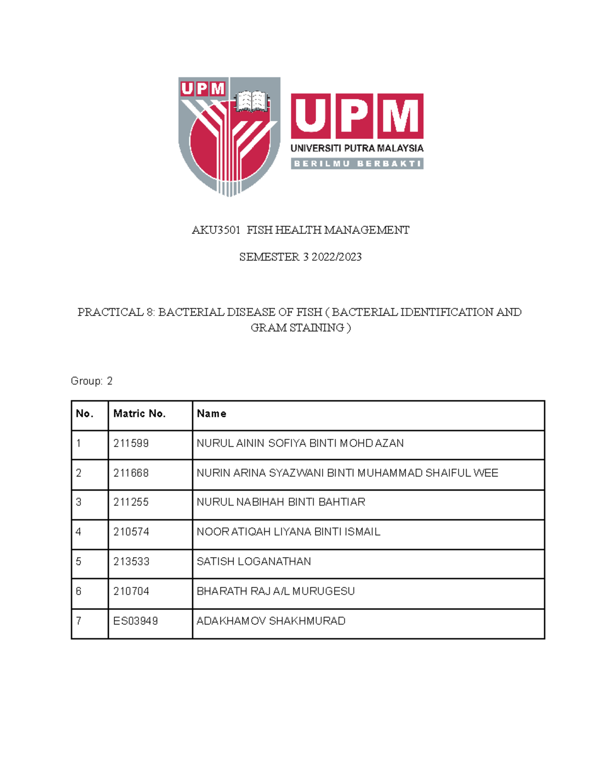 LAB REPORT 8 AKU 3501 AKU3501 FISH HEALTH MANAGEMENT SEMESTER 3 2022