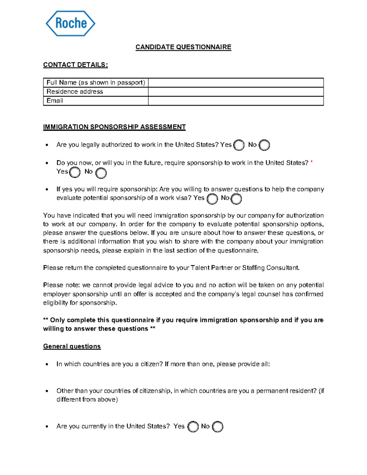 Roche PHA Candidate Questionnaire (2019 ) - CANDIDATE QUESTIONNAIRE ...