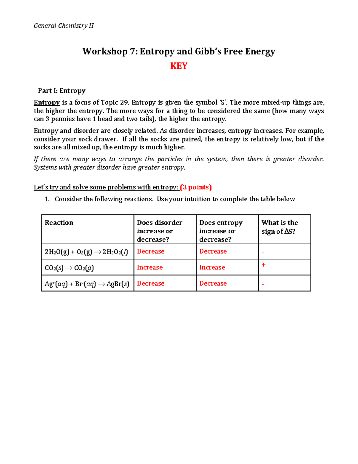 W7 entropy and free energy KEY - Workshop 7 : Entropy and Gibb’s Free ...