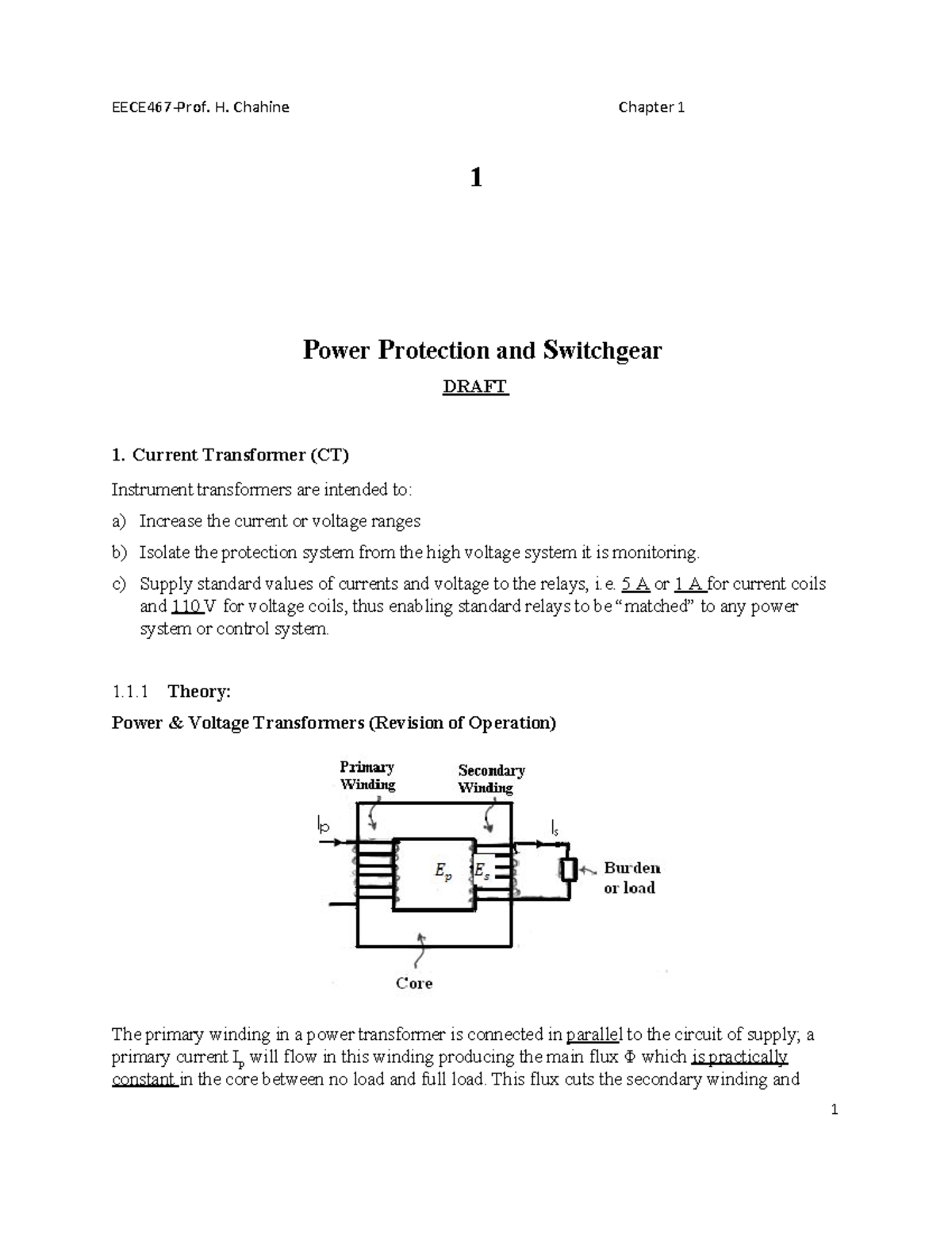 EECE 476 Draft 1 Power Protection and Switchgear DRAFT 1. Current