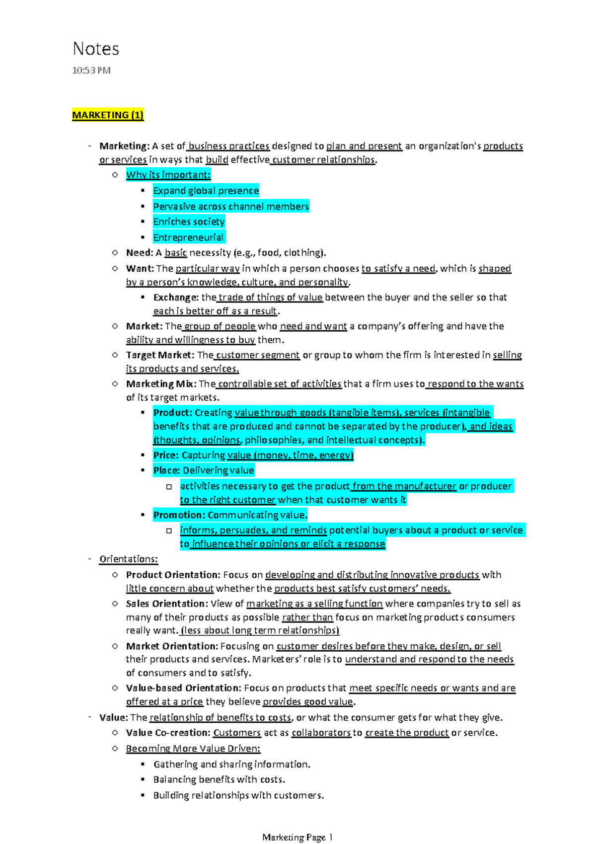 Notes - MARKETING (1) Marketing: A set of business practices designed ...