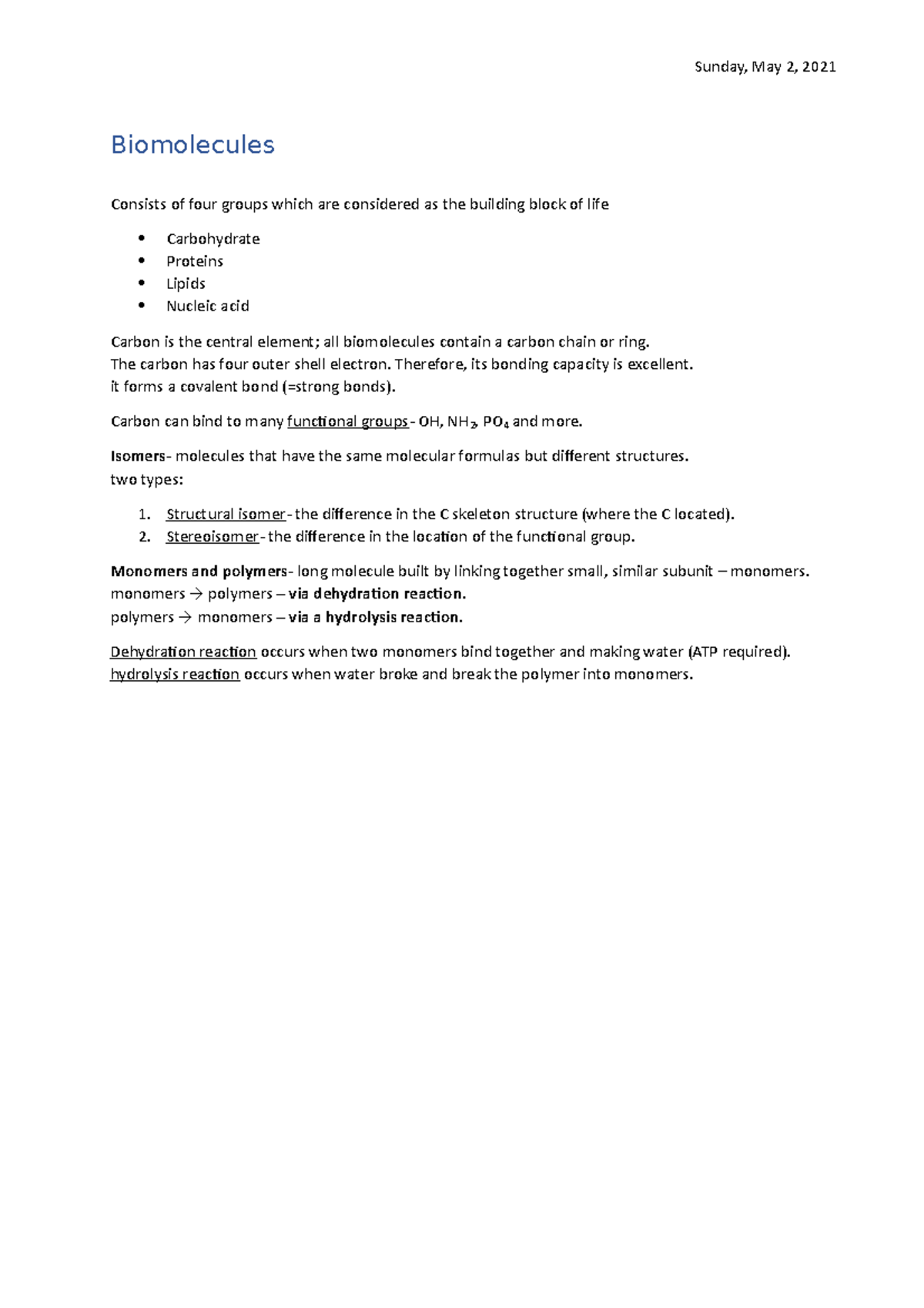 Biomolecules - Biochemistry - Saturday, May 4, 2019 Biomolecules ...