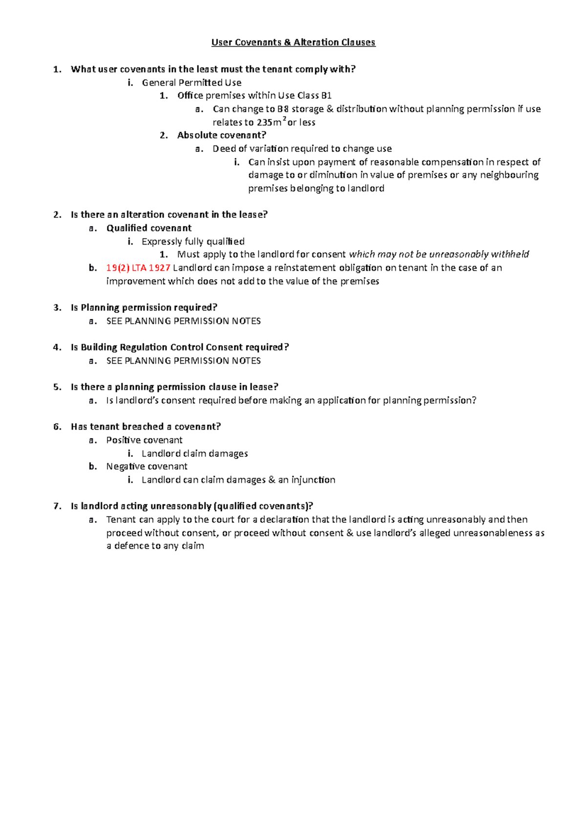 User covenants & alteration clauses crib sheet User Covenants