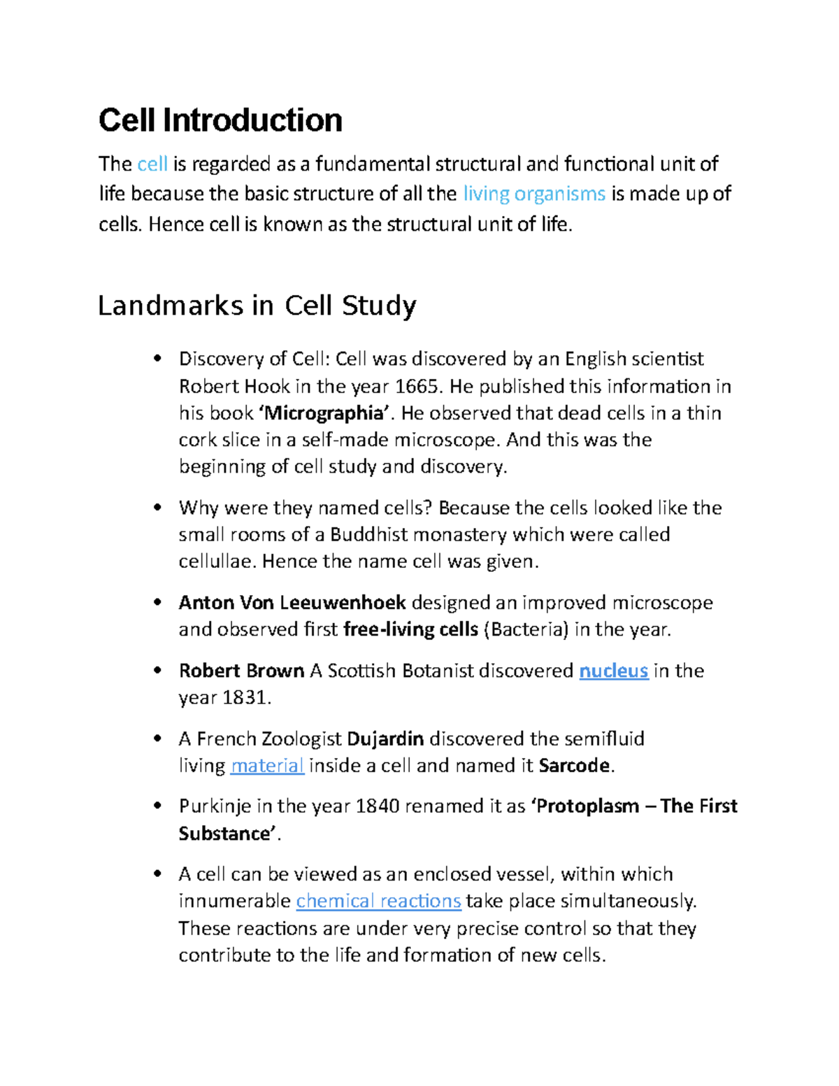 Cell Introduction - hxbsgxkushswjbxkjsa - Cell Introduction The cell is ...