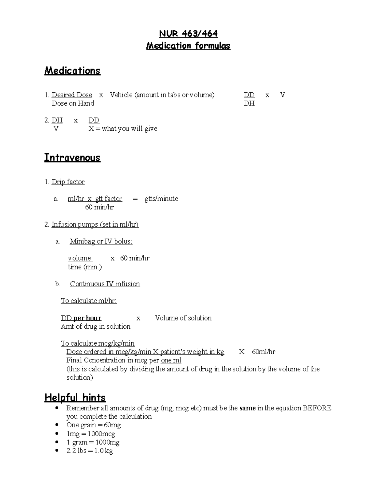 Medication formulas - NUR 463/ Medication formulas Medications Desired ...