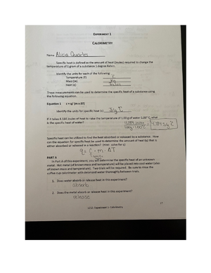 Chem 1212k Lab Experiment 1- Calorimetry - ####### EXPERIMENT 1 ...