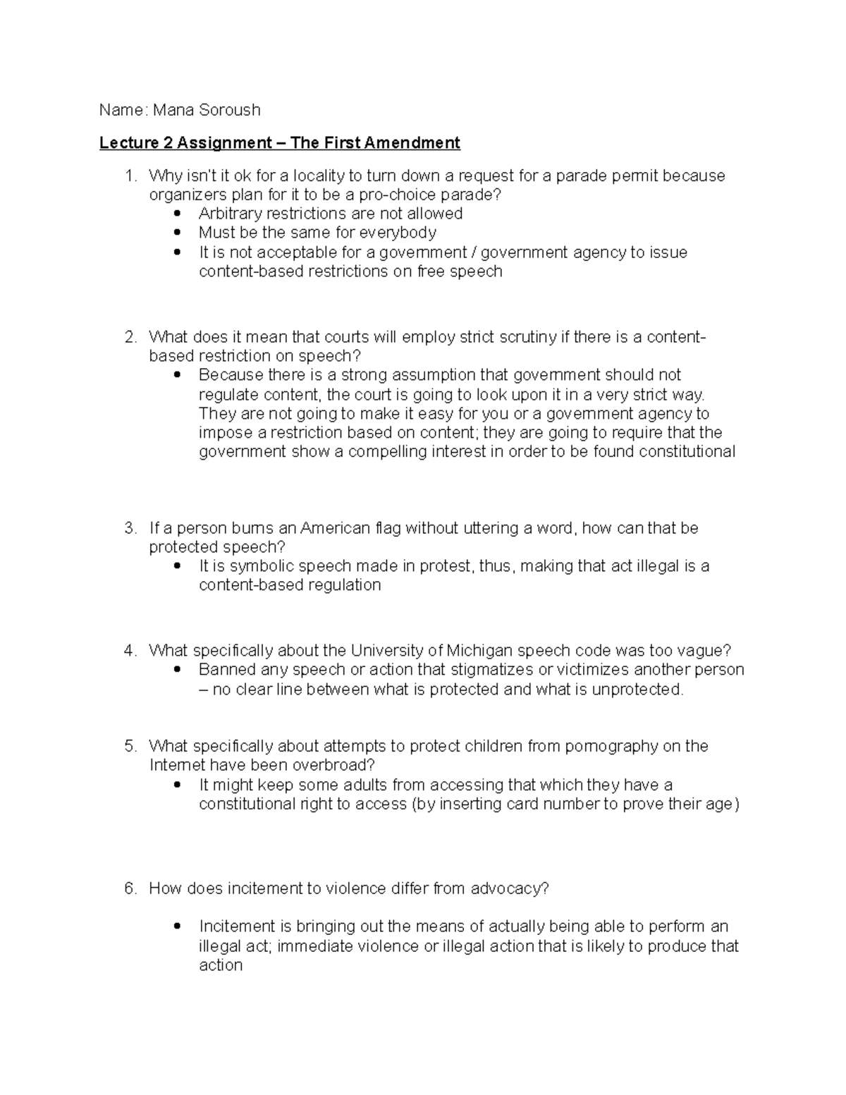 The First Amendment Assignment - Name: Mana Soroush Lecture 2 ...