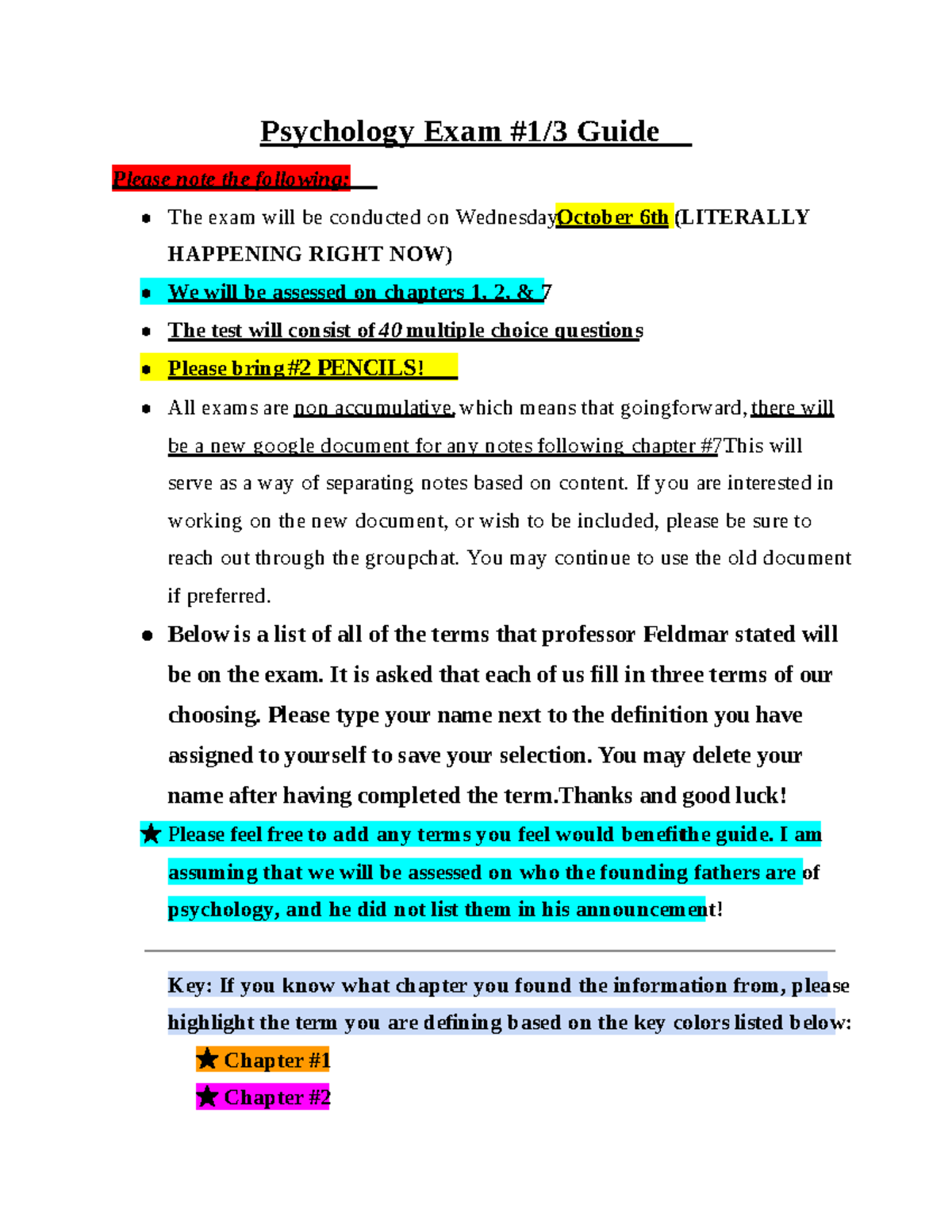 Psychology Study Guide #1 - Google Docs - Psychology Exam #1/3 Guide È ...