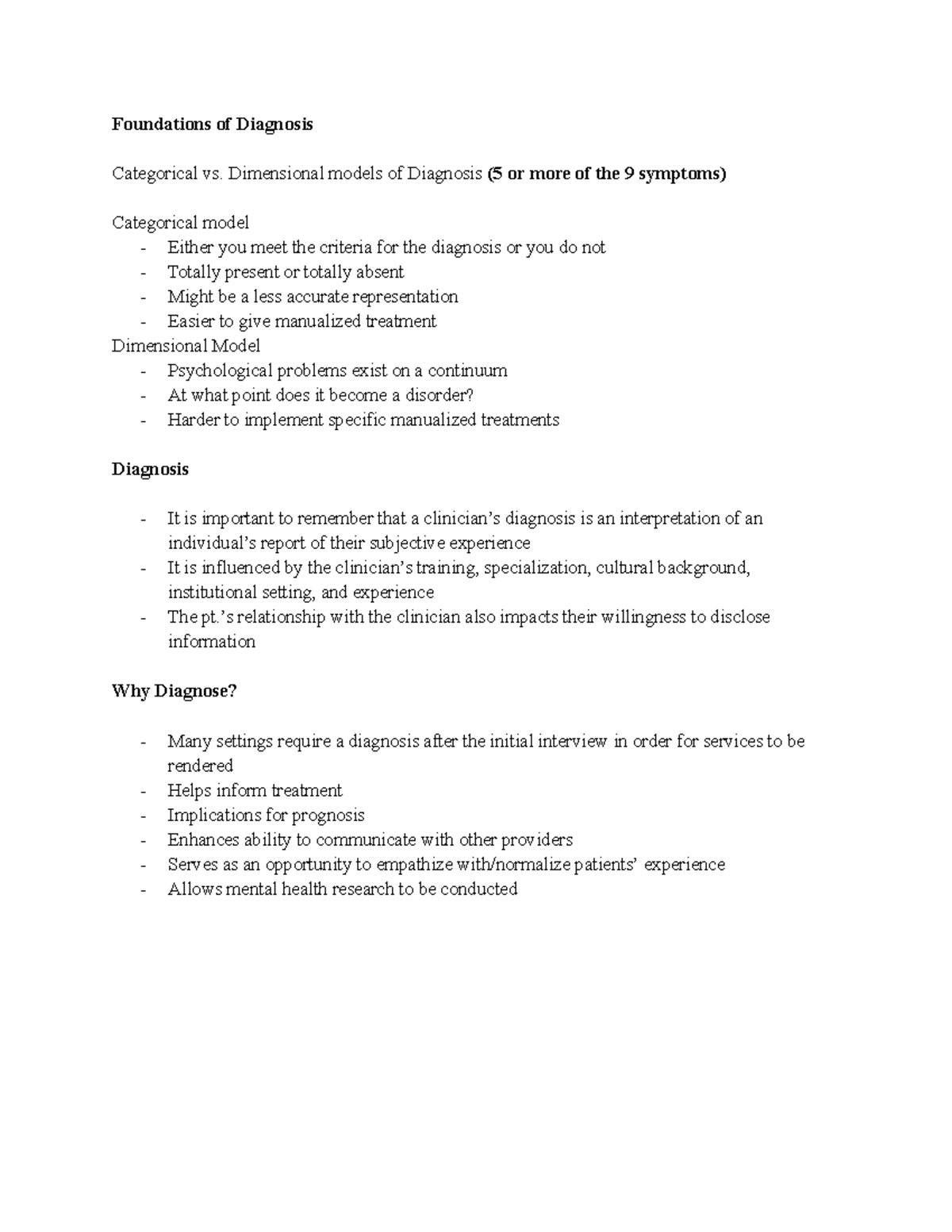Psychopathology Lecture Notes Foundations of Diagnosis Categorical vs