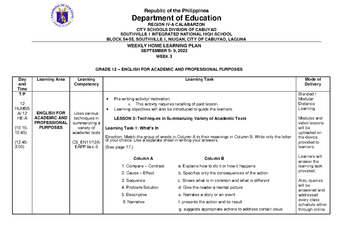 EAPP WHLP-Q1-WEEK3 - This is a sample material. - Department of ...