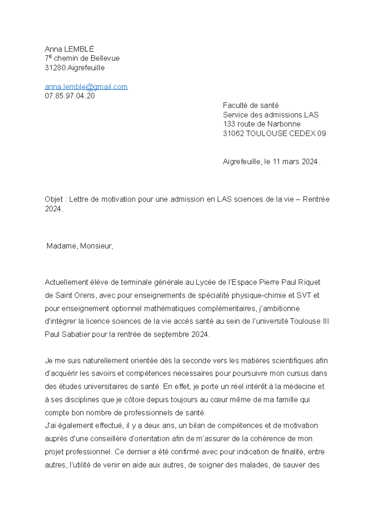 Lettre De Motivation Las Science De La Vie www.studocu.com