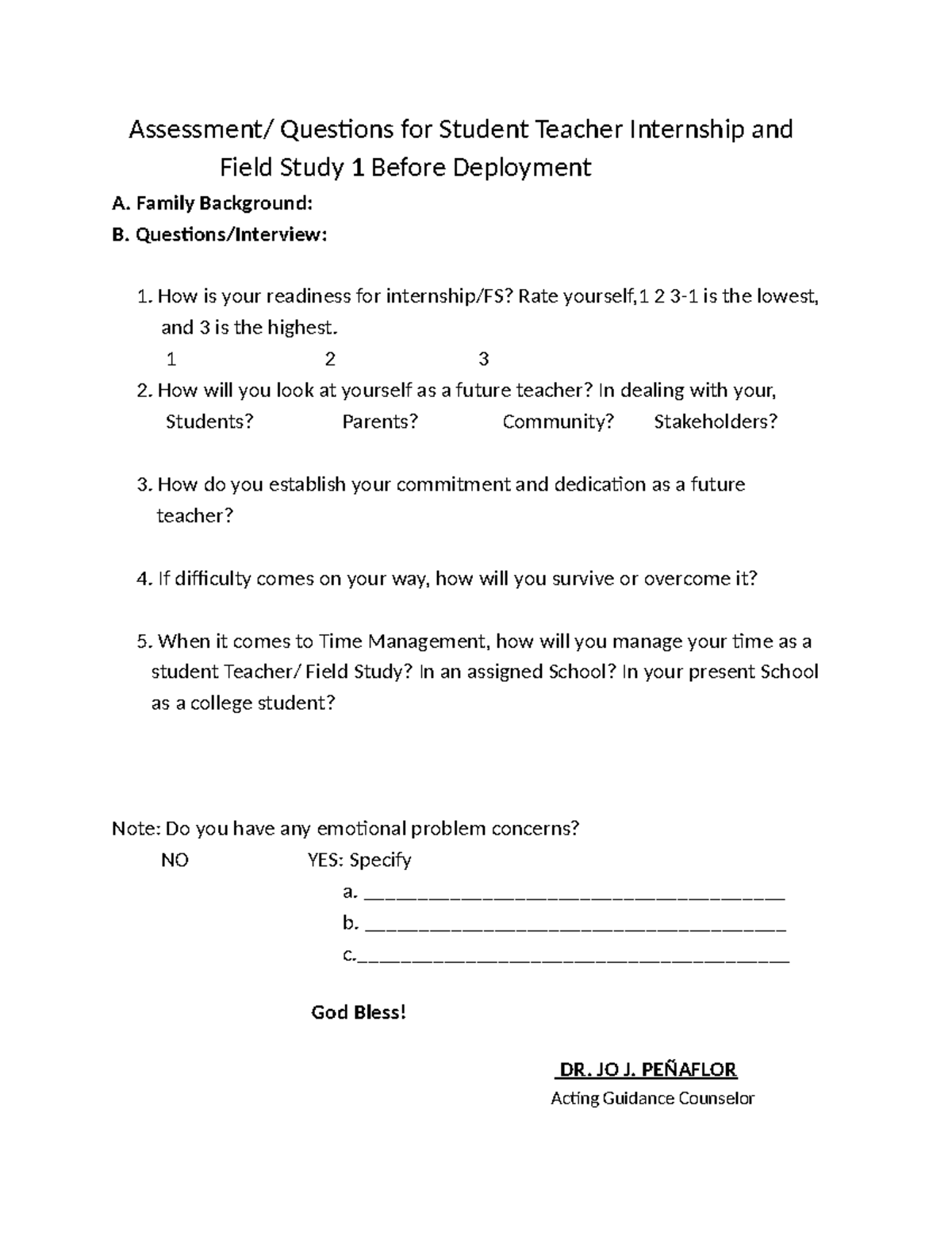 Assessment - Referrences - Assessment/ Questions for Student Teacher ...