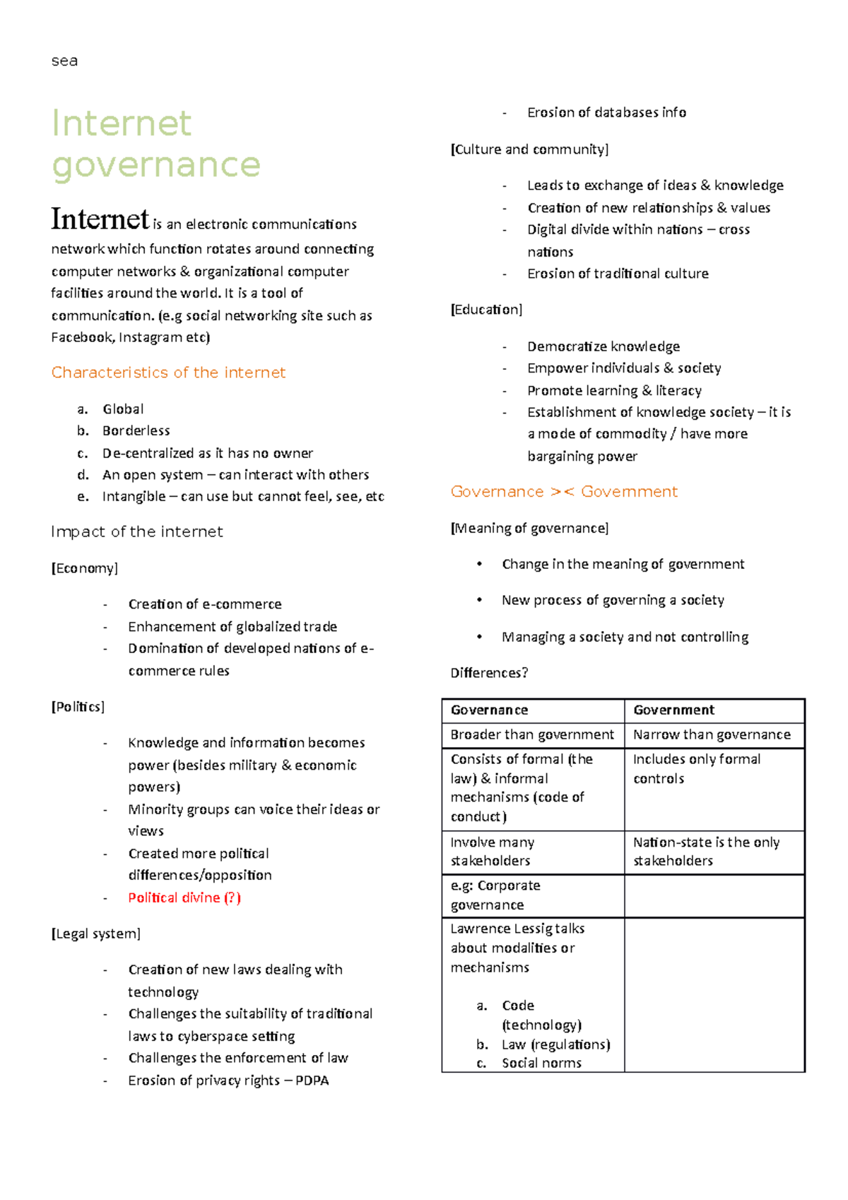 Internet governance - some notes on this chapter - sea Internet ...