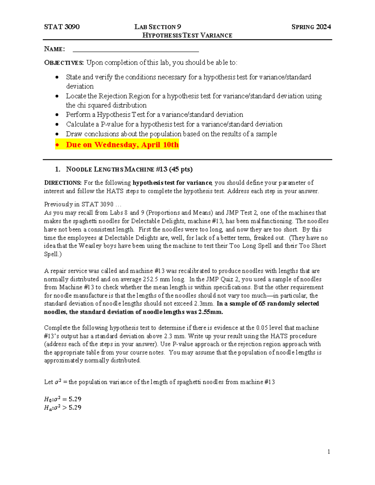 lab 9 Hypothesis for Variance - STAT 3090 LAB SECTION 9 SPRING 2024 ...
