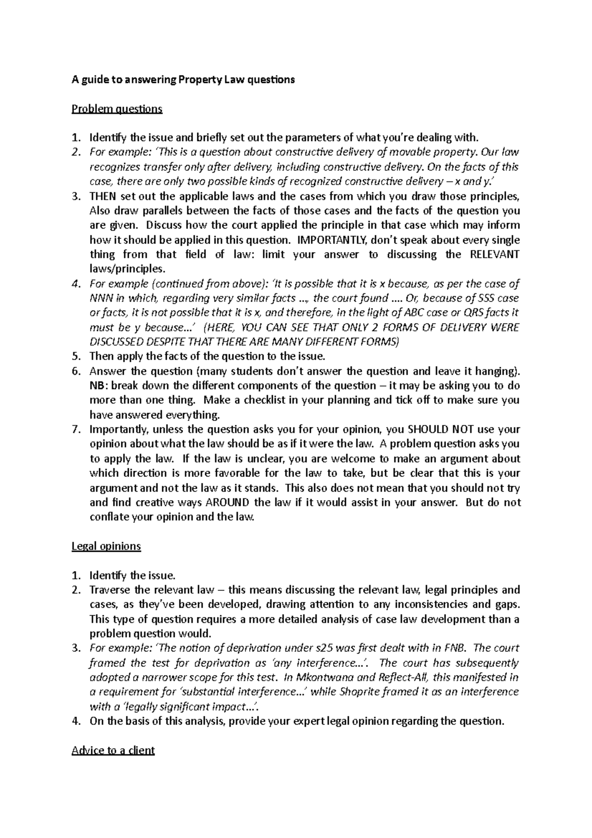 Guide Answering Property Law Qs A guide to answering Property Law