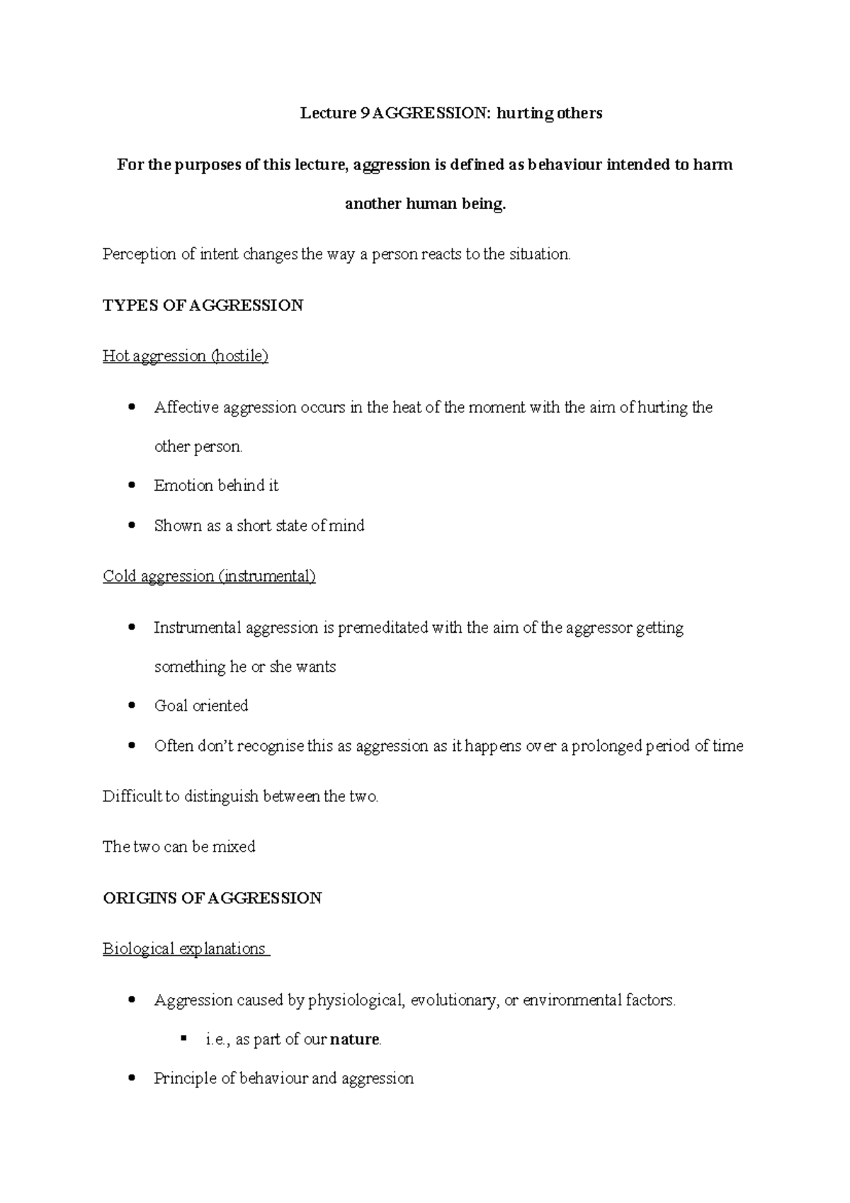 Lecture 9 Aggression Hurting Others - Lecture 9 AGGRESSION: Hurting ...