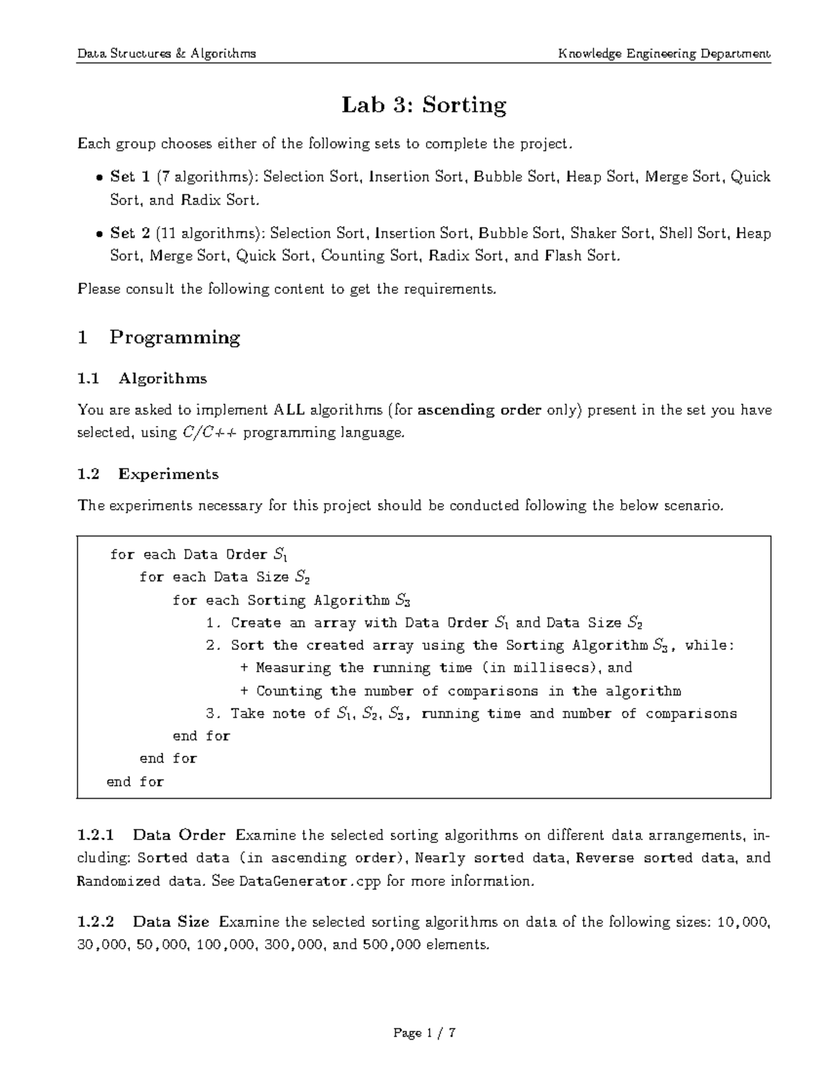 Lab-3 - apply - Lab 3: Sorting Each group chooses either of the ...
