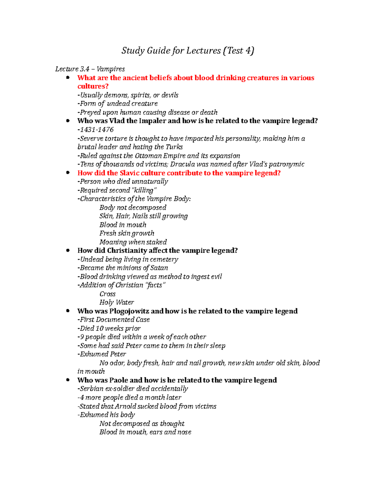 TEST 4 - exam 4 study guide, prof. wilson - Study Guide for Lectures ...