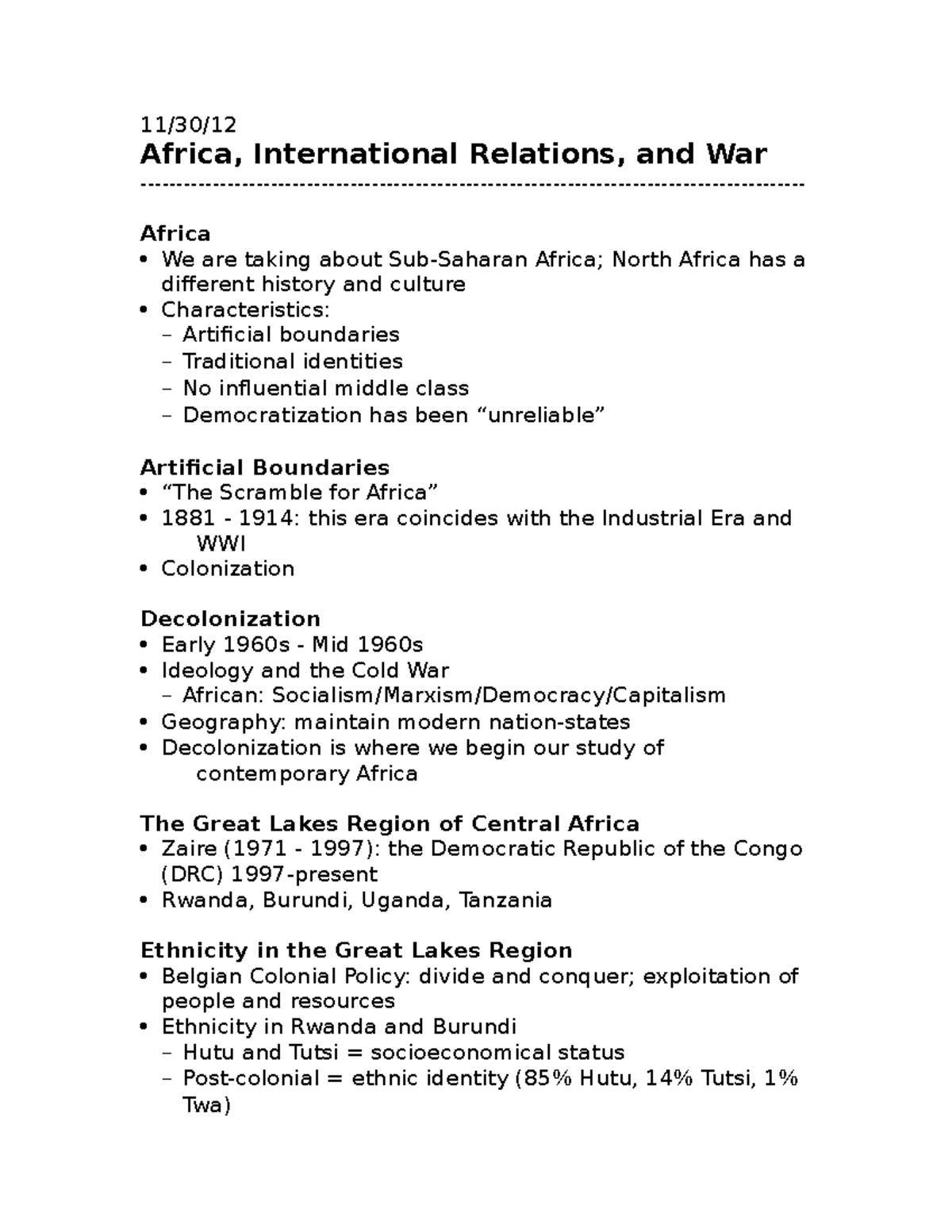 Lecture 10 - Africa, International Relations, And War 11-30-12 - 11/30 ...