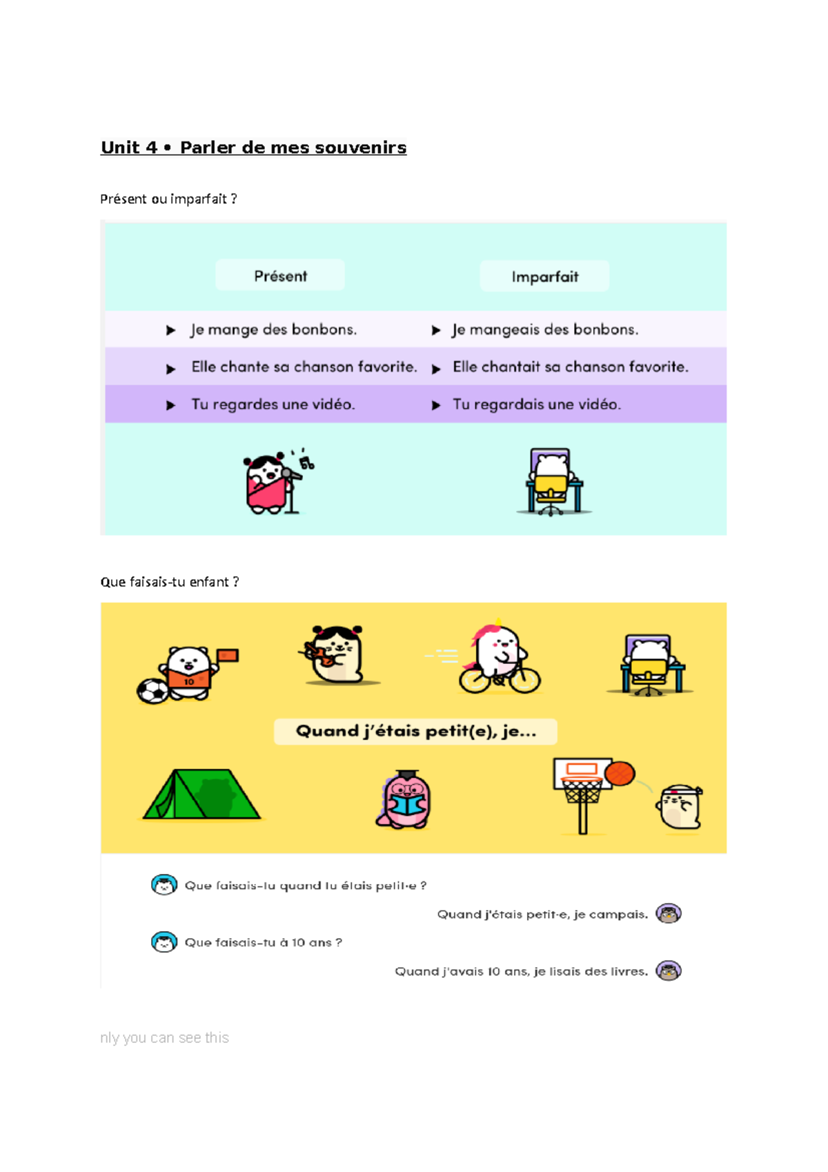 Avant je lisais des livres unite 1 pour Unit 4 • Parler de mes souvenirs Présent ou imparfait