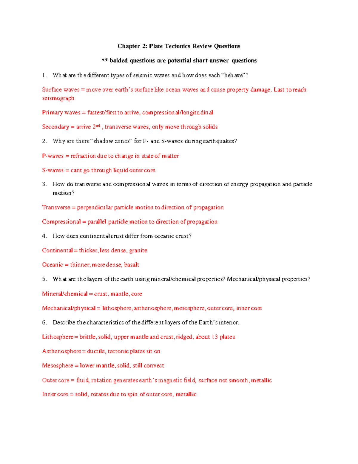 Chapter 2 Review Questions Chapter 2 Plate Tectonics Review