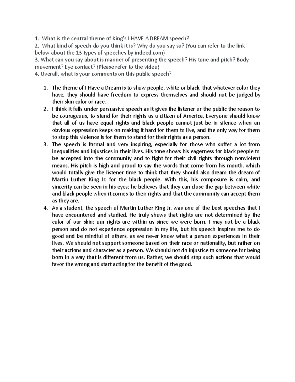 I have a dream centra theme. kind of speech, manner of presenting What is the central theme