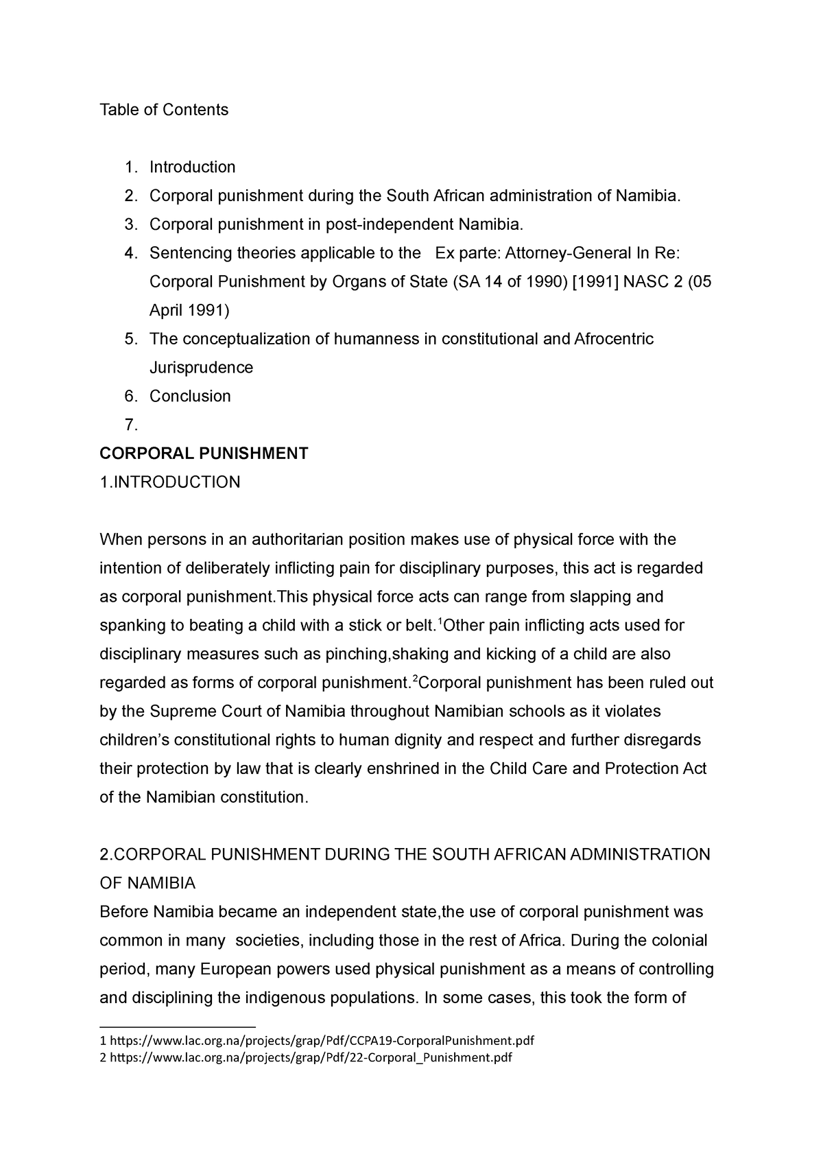 Criminal law assignment - Table of Contents Introduction Corporal ...