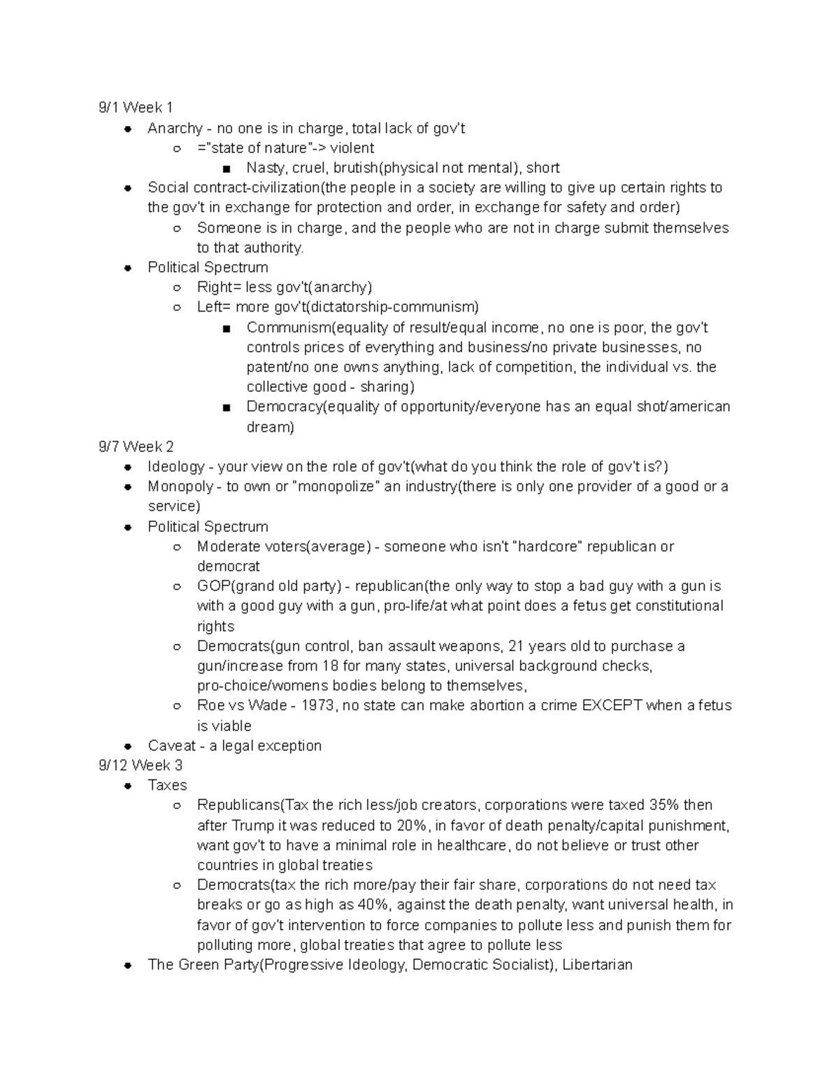 Intro to Gov Notes - POLSC 1, at LBCC - 9/1 Week 1 Anarchy - no one is ...