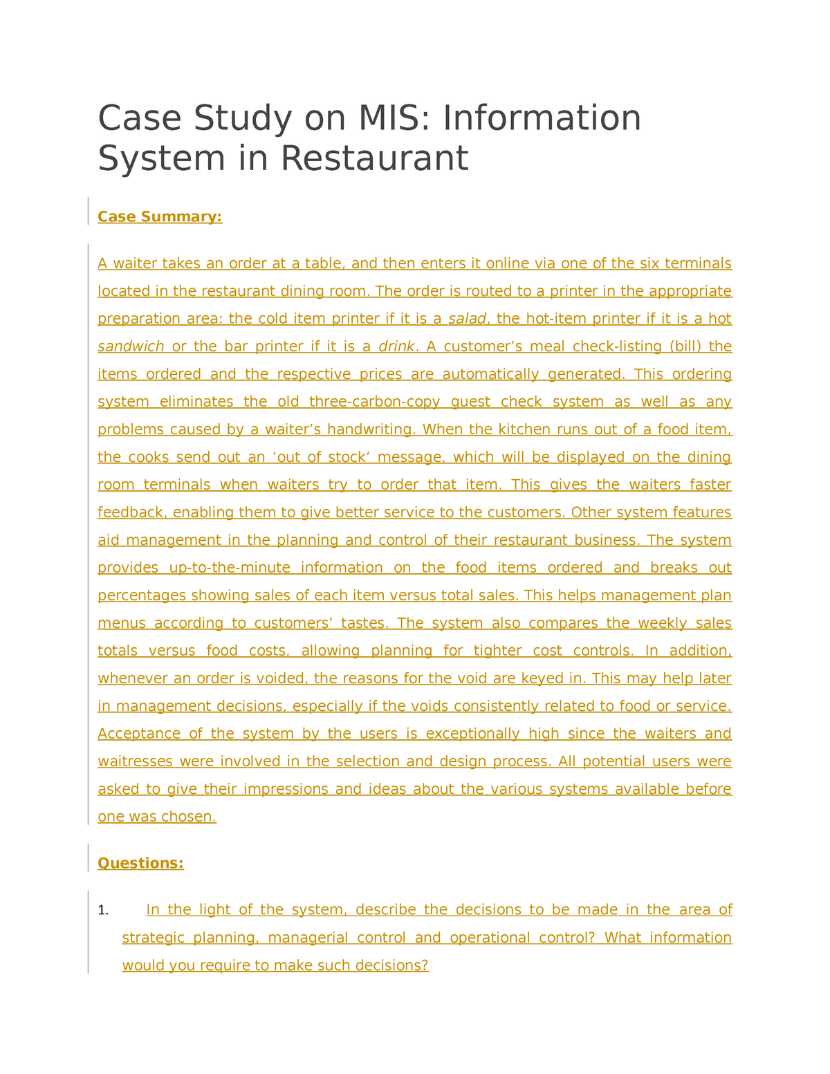 case study on mis information system in restaurant