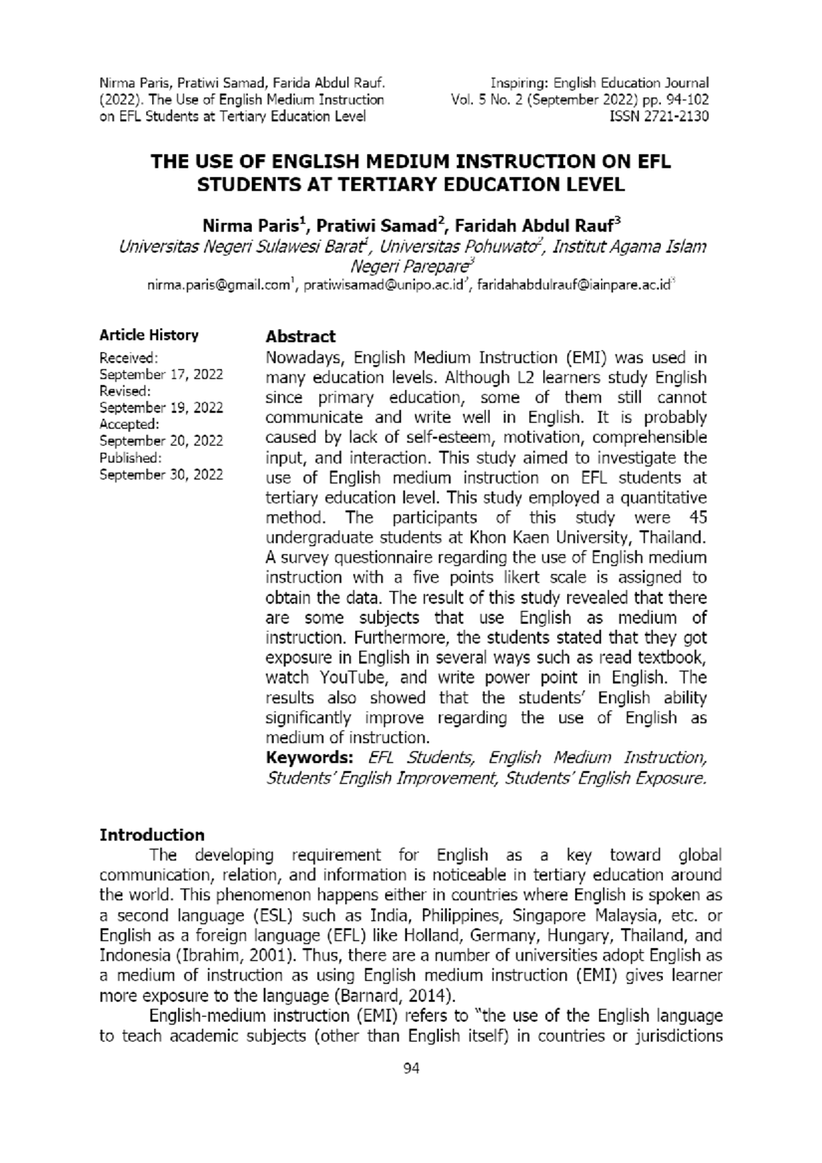 THE USE OF English Medium Instruction ON EFL Students AT Tertiary ...