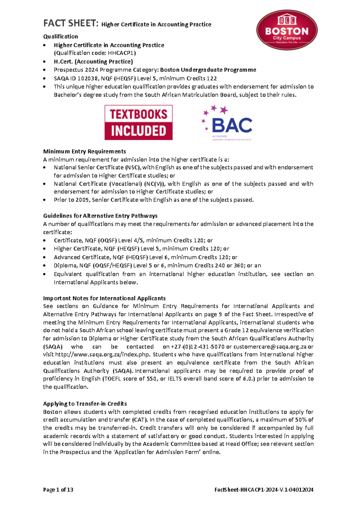 Fact Sheet 2024 FACT SHEET Higher Certificate in Accounting Practice