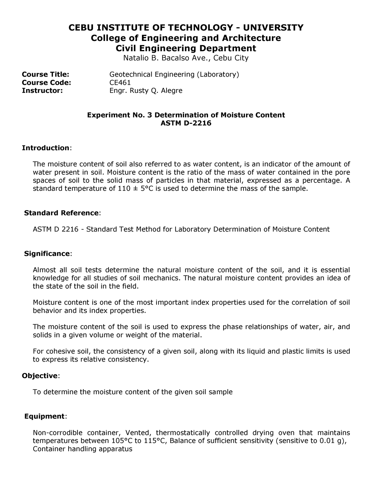 Experiment No. 3 - Determination of Moisture Content - CEBU INSTITUTE ...