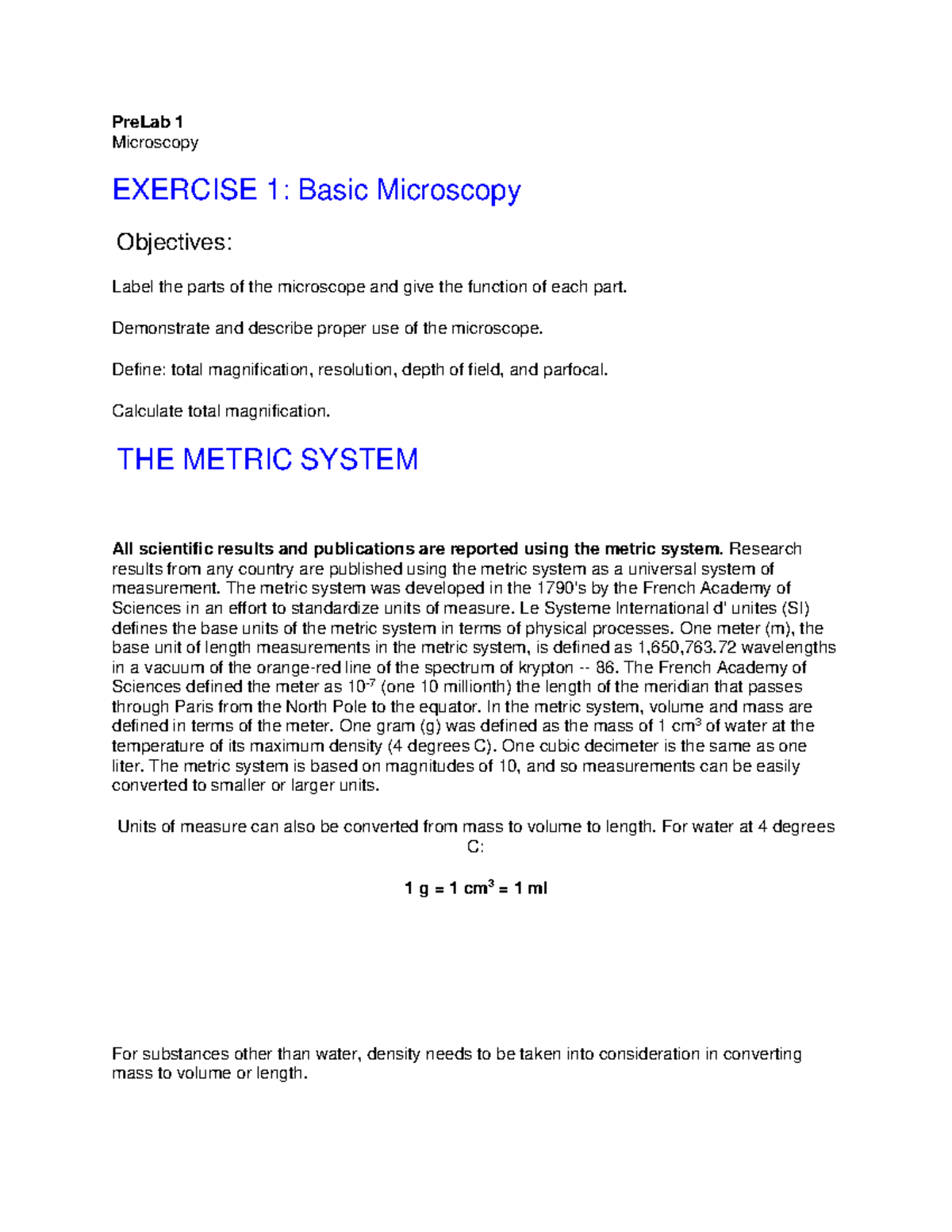 Pre Lab 1 - Microscopy - PreLab 1 Microscopy EXERCISE 1: Basic ...