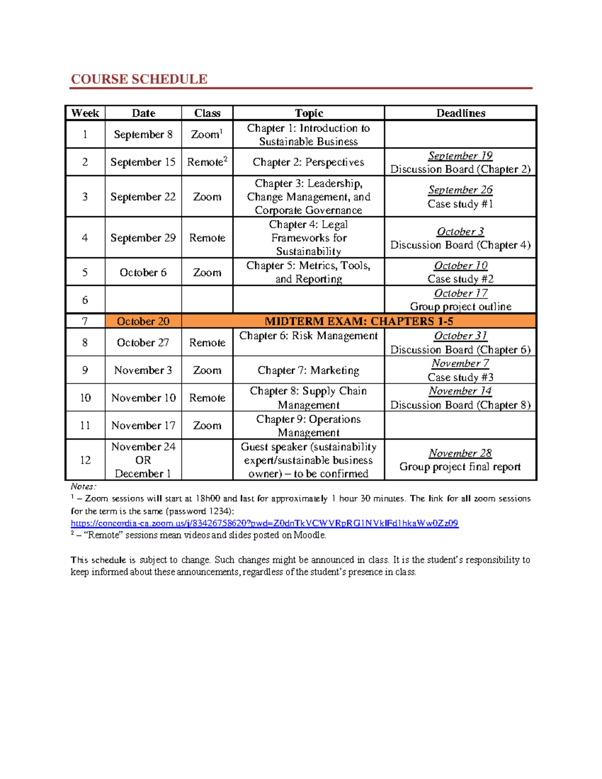 Class Schedule Fall 2021 Alexander Yuriev COURSE SCHEDULE Week Date