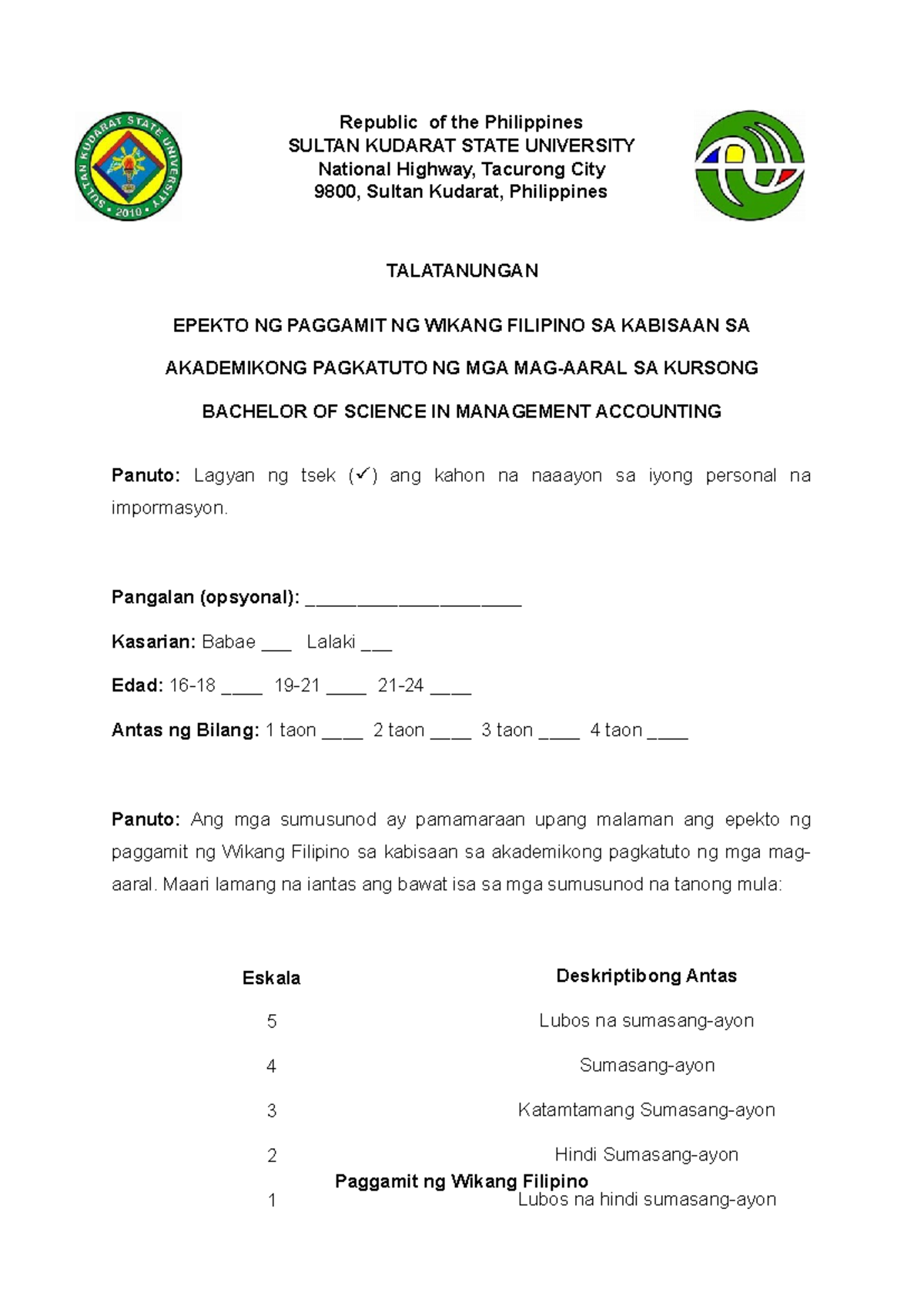 Talatanungan ( Final) - FILDIS - Republic of the Philippines SULTAN ...