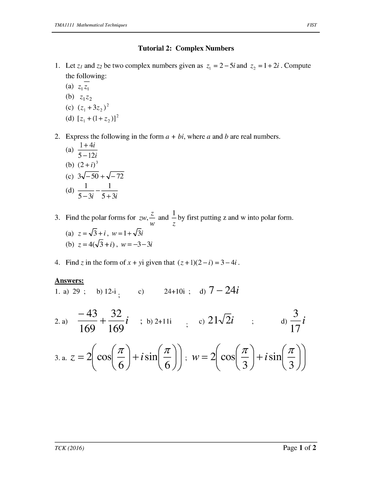 Tutorial 2 Complex Numbers (updated 2016 ) - TMA1111 Mathematical ...