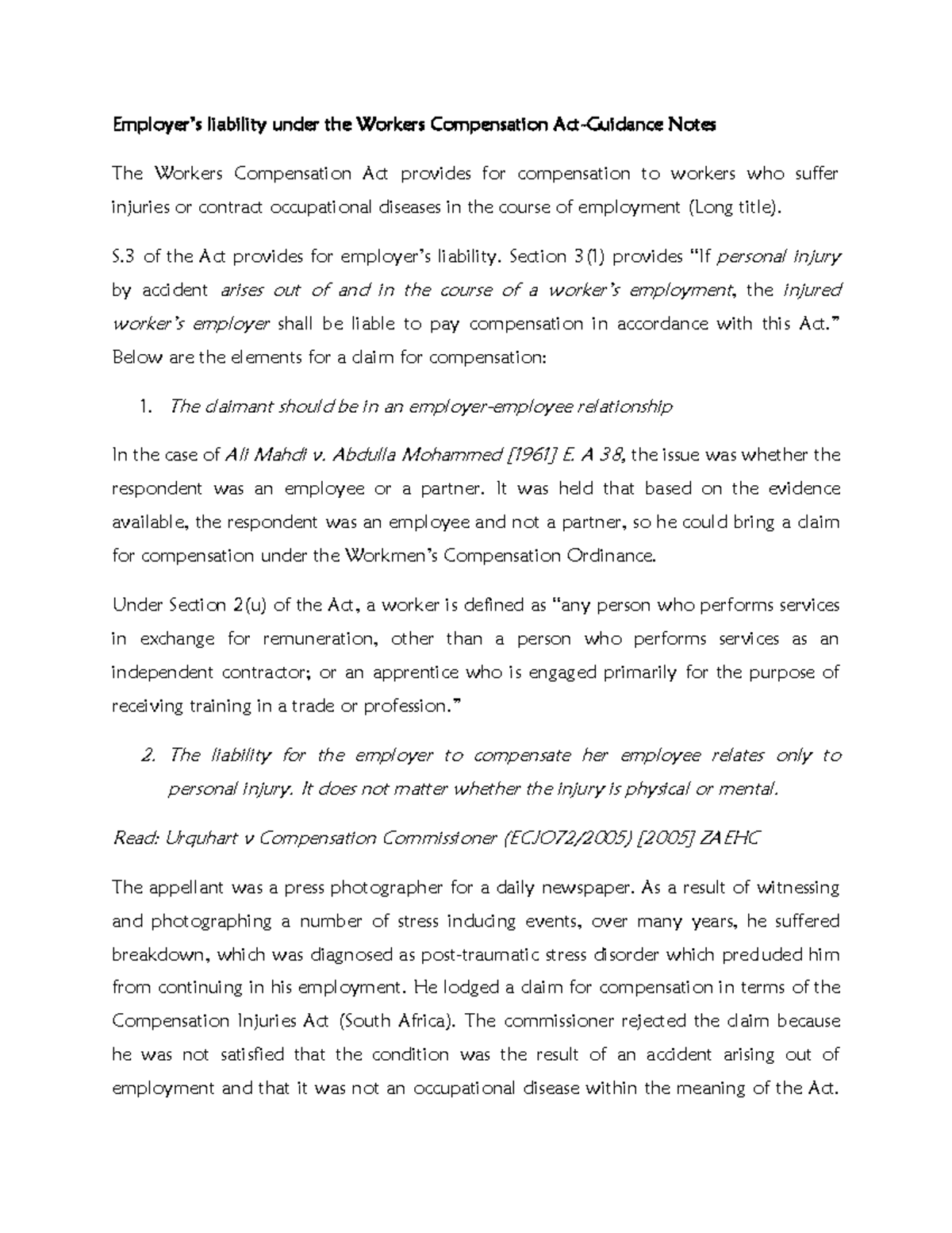 Employer's liability under the Workers Compensation Act Employer’s