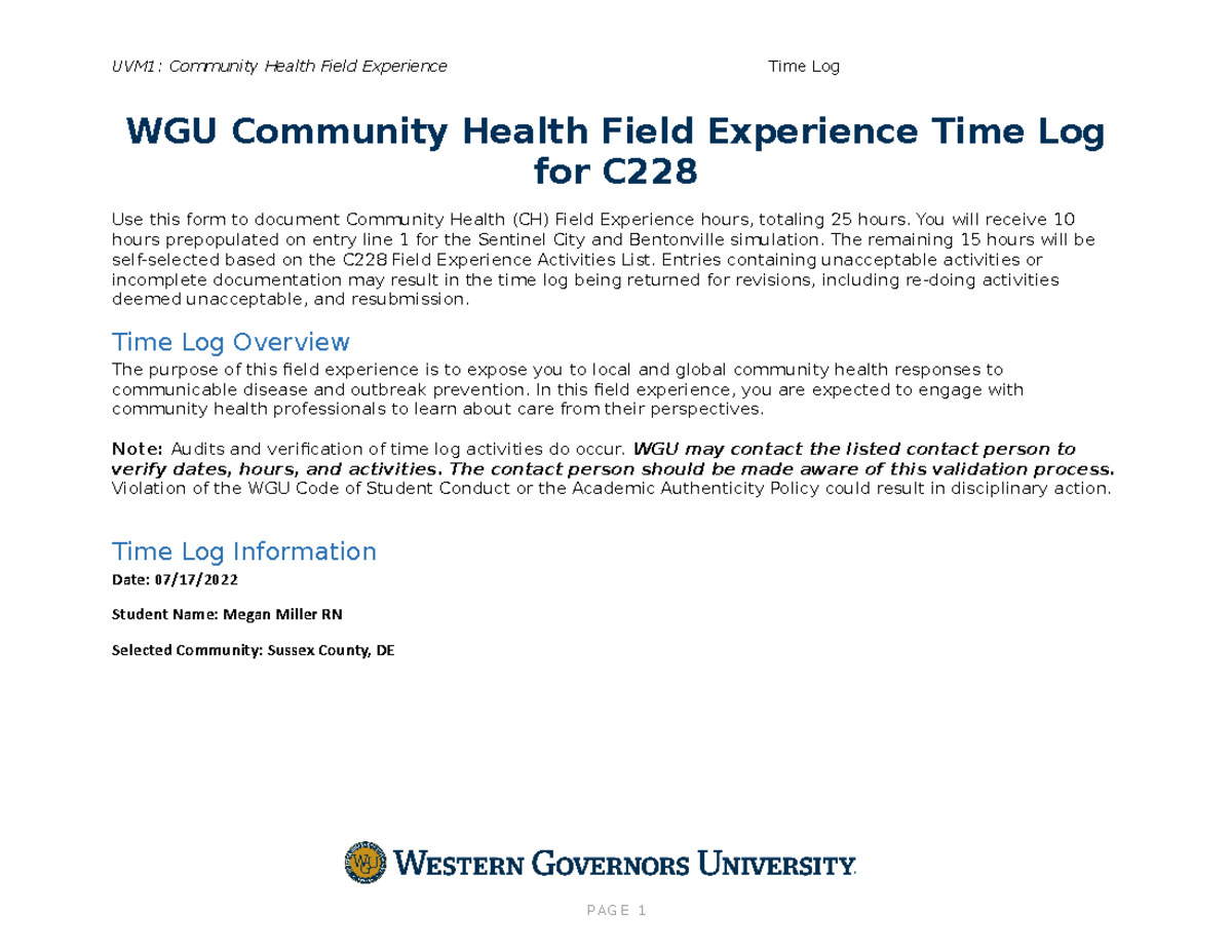 C228 Community Health Field Experience Time Log - WGU Community Health ...