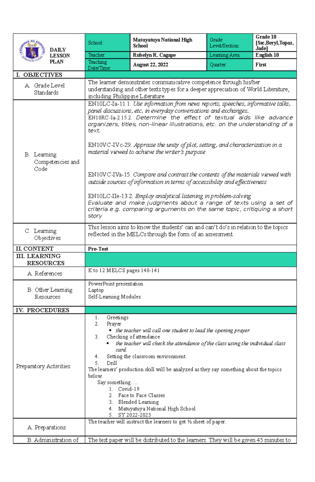 DLL English 10 Q1 W1 D1 - DLL - DAILY LESSON PLAN School: Matuyatuya ...