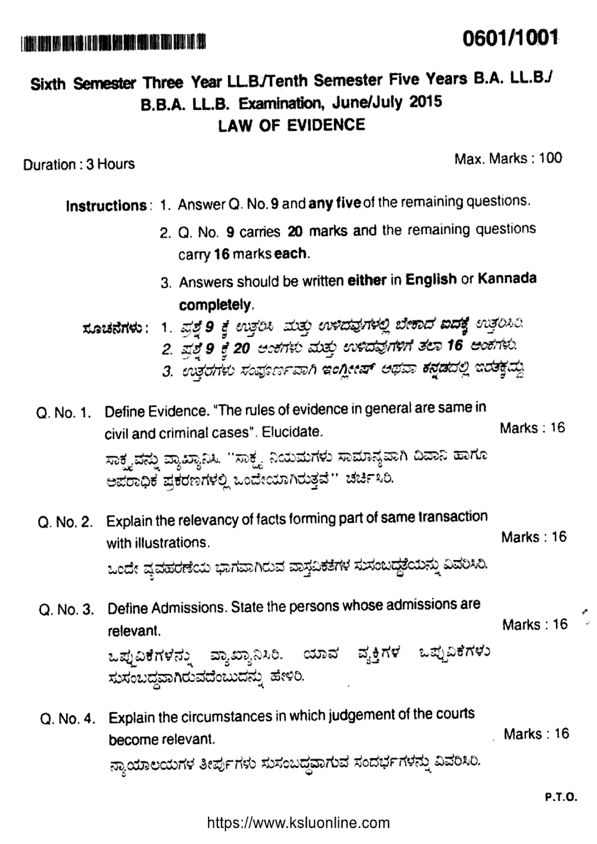 Llb 6 Sem Ballb Bballb 10 Sem Law Of Evidence 0601 Jul 2015 - Llb 3 ...