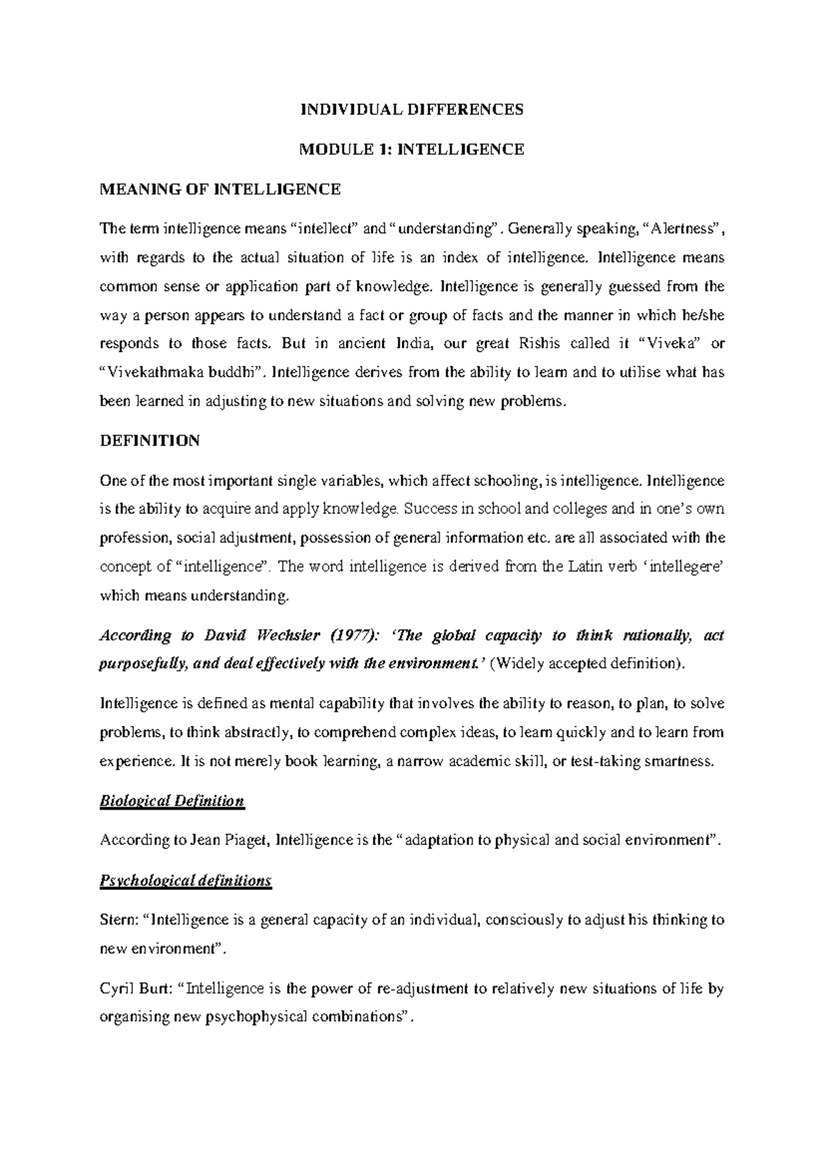 PSY IV Module I - INDIVIDUAL DIFFERENCES MODULE 1: INTELLIGENCE MEANING ...