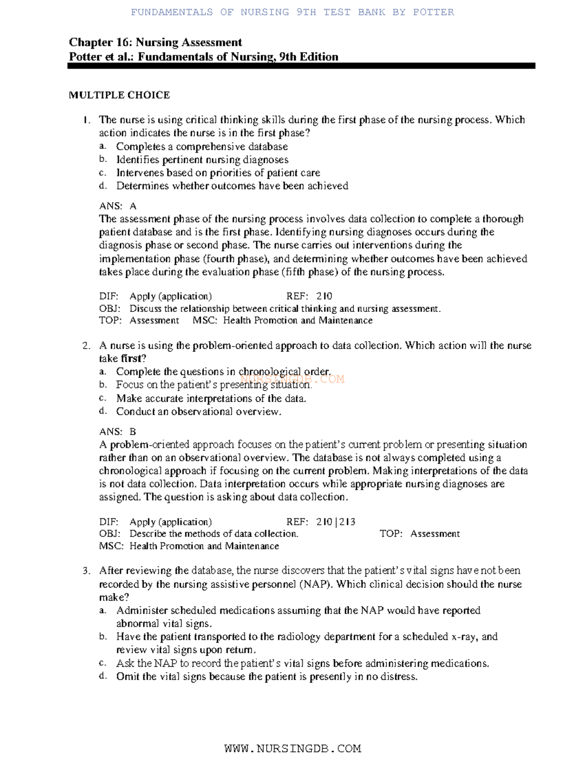 16 - Test Bank - N U R S I N G D B. C O M Chapter 16: Nursing ...