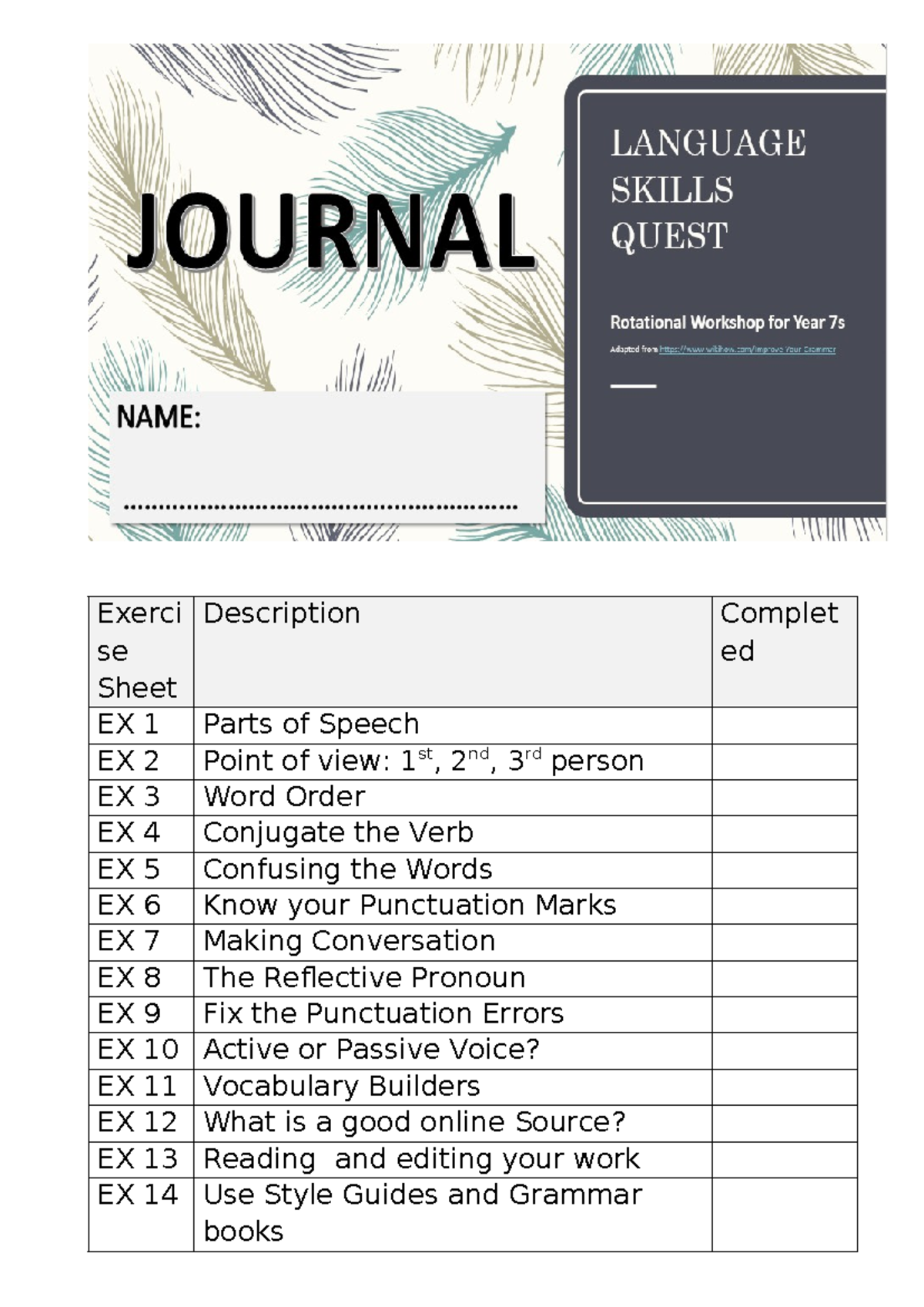 English Language Language Quest Journal - Exerci se Sheet Description ...