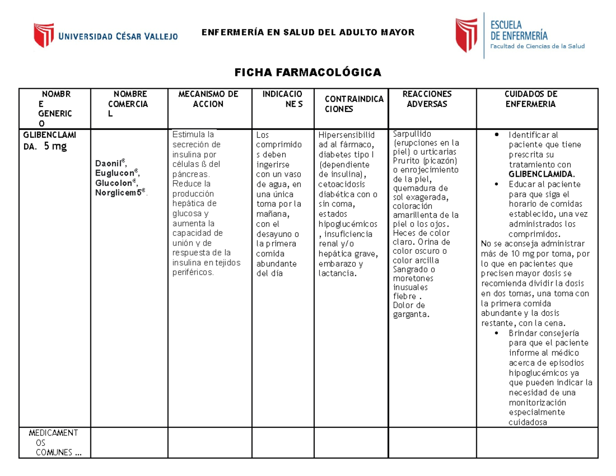 Ejemplo De Ficha Farmacologica Enfermer A En Salud Del Adulto Mayor