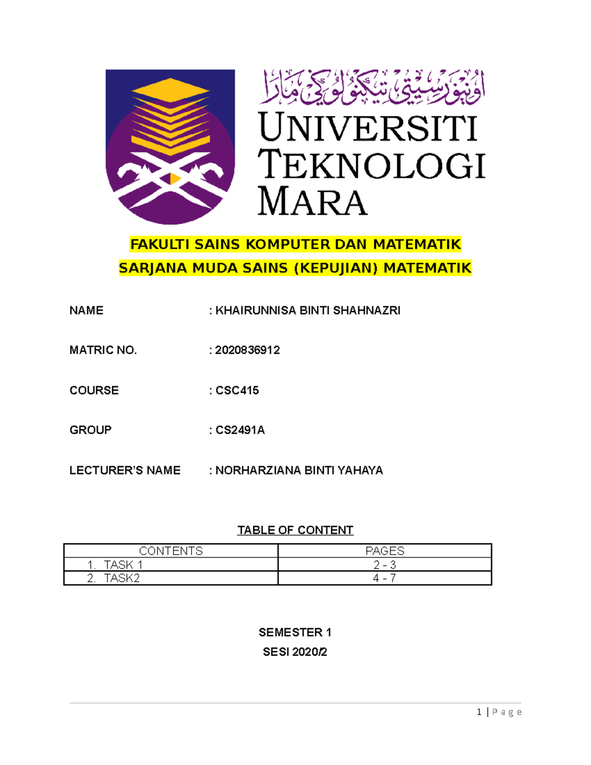 CSC415 Lab Assignment 3 - FAKULTI SAINS KOMPUTER DAN MATEMATIK SARJANA ...