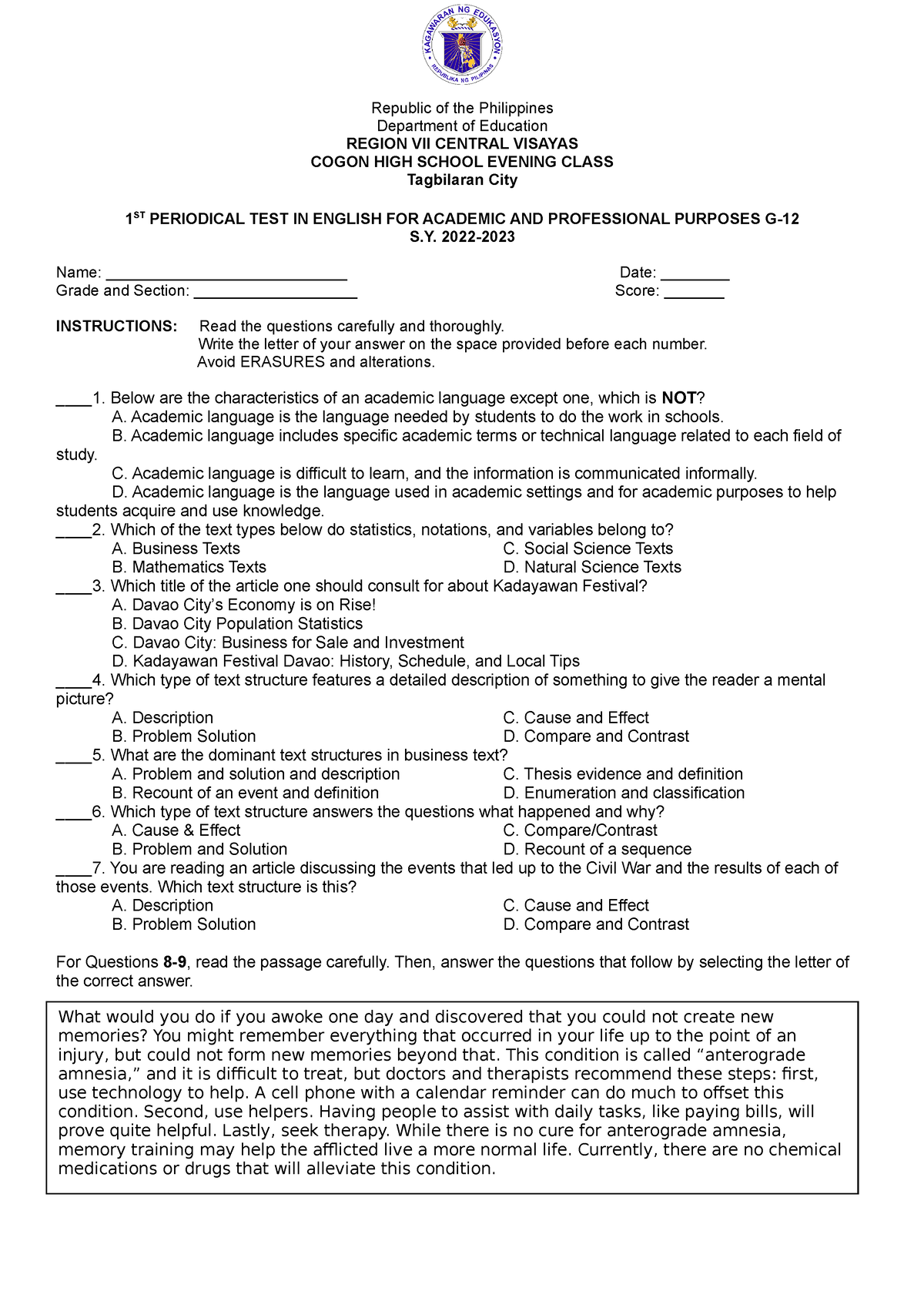 1st Periodical Test In Eapp Republic Of The Philippines Department Of Education Region Vii 