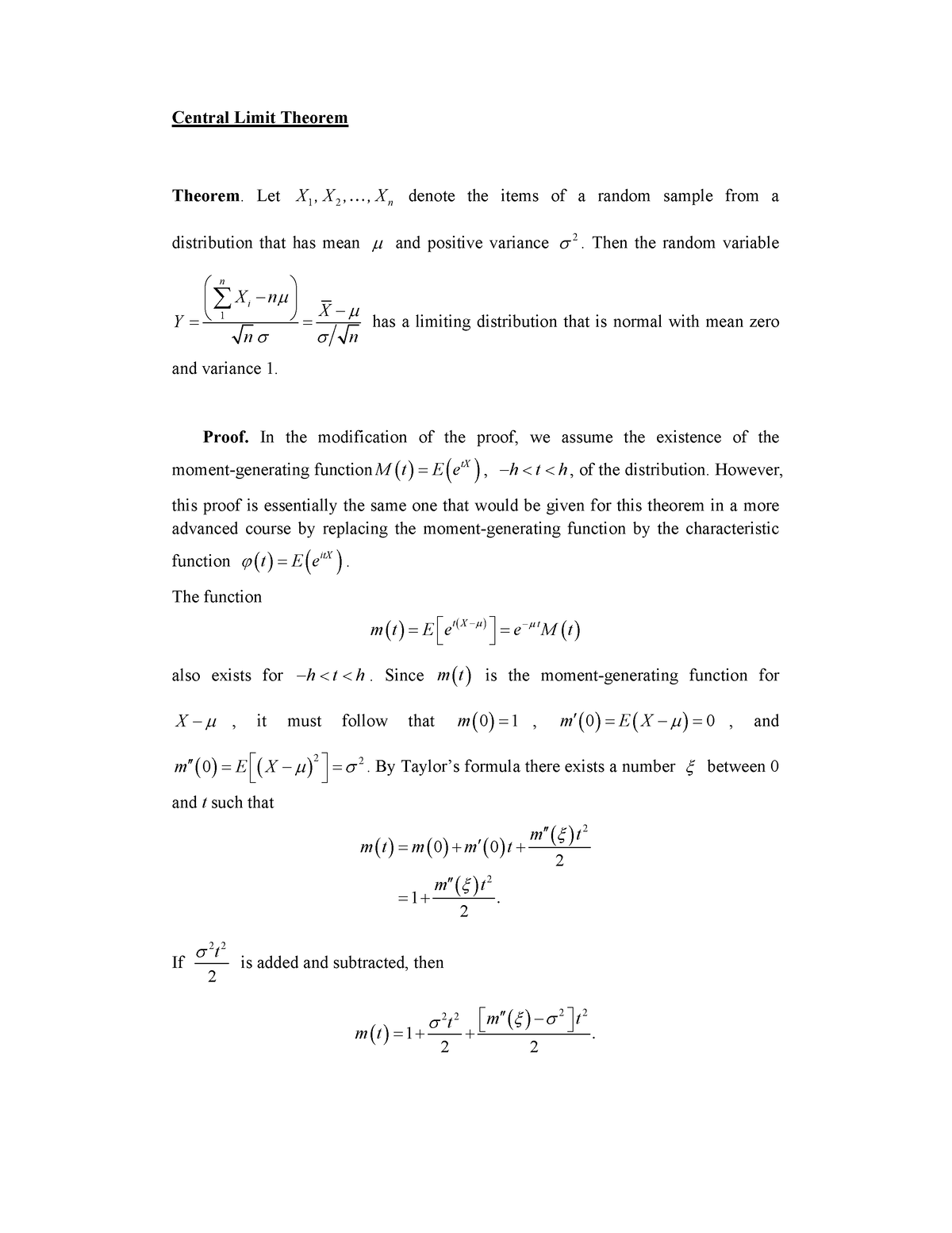 Central Limit Theorem Mathematical Proof Studocu